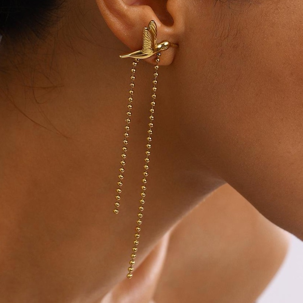 Gold Bird Chain Drop Earrings – Elegant Long Dangle